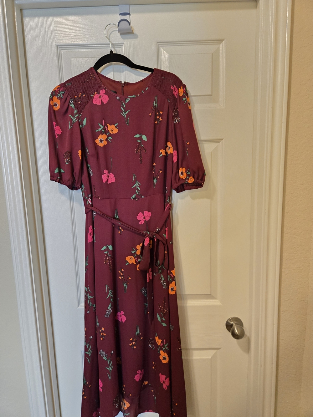 Donna Morgan Burgundy Floral Midi Dress with Pink & Orange Blossoms